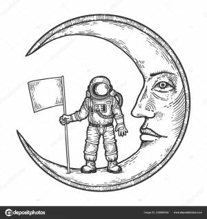 Космонавт-космонавт с флагом на мультяшной луне с гравировкой лица на векторной иллюстрации