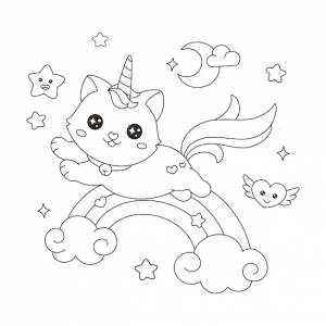 Котикорн кошка единорог снимает кожу над радугой раскраски иллюстрации