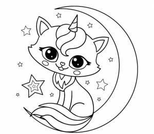 Раскраска Кошка-единорог на луне