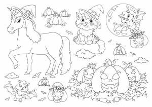 Единорог в шляпе кошка летучая мышь тыква тема хэллоуина раскраска для детей