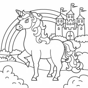 Милый единорог волшебная сказочная лошадь пейзаж с красивым замком страница раскраски для детей
