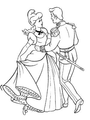 Раскраска Золушка и принц танцуют на балу