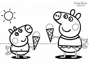 Раскраска Пеппа и Джордж едят мороженое