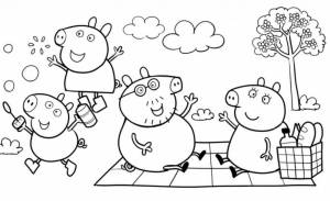 Раскраска Свинка Пеппа и ее семья на пикнике