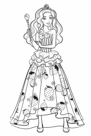 Раскраска Барби принцесса с фруктами на платье