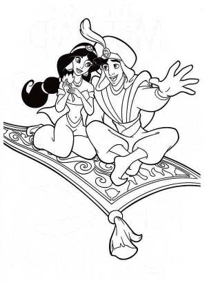 Aladdin And Jasmine In The Night Journey With Magic Carpet Coloring Page