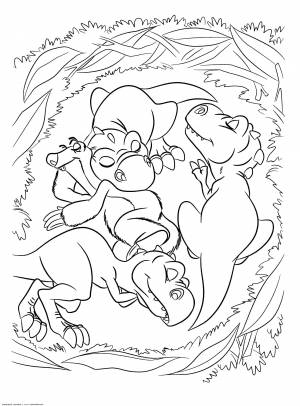 Раскраски рио, Раскраска Умильная картина Динозаврики спят с ленивцем Сидом из мультфильма Ледниковый период 3 Эра динозавров динозавр