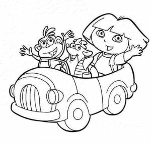 Раскраски Раскраска Даша едит на машине с друзьями Дора на праздники