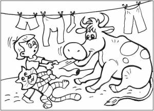 Раскраски Простоквашино, Раскраска Корова мурка ест белье раскраски простоквашино