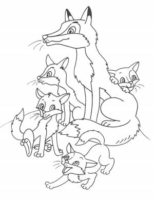 Раскраски Раскраска Мама лиса со своими лисятами детеныши животных