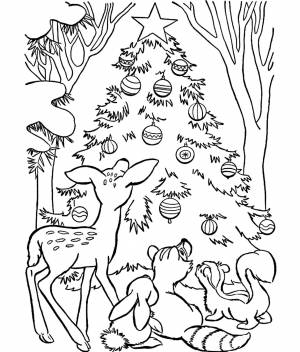 Раскраска «Оленёнок Бэмби и его друзья возле ёлочки»