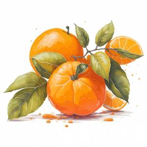 Рисунок апельсинов с зелеными листьями и слово «апельсин» на нем