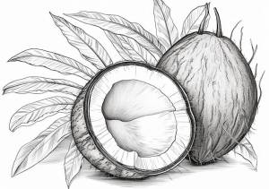 Рисунок кокоса с листьями и словом кокос на нем