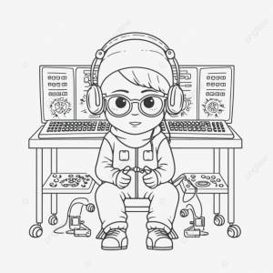 рисунок бесплатная печатная книжка раскраска ребенок в наушниках перед своим настольным компьютером набросок эскиза вектор PNG , рисунок телефона, книжный рисунок, рисунок крыла PNG картинки и пнг рисунок для й загрузки