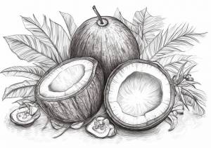 Эскиз кокосов и листьев со словом кокос на нем