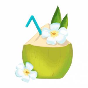 Мультяшный рисунок кокоса с соломинкой и цветами