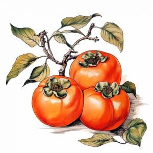 Рисунок трех хурмы на ветке с листьями