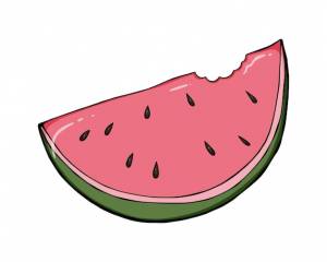 Кусочек спелого сочного арбуза с косточками ягодный урожай каракули линейная мультяшная раскраска