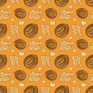 Векторный бесшовный рисунок мультяшных грецких орехов на желтом фоне шаблон подходит для текстиля и упаковки