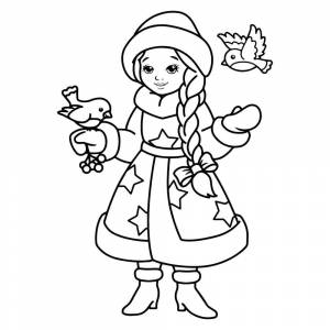 Раскраска Снегурочка с веточкой рябины и птичками