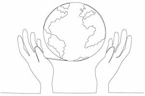 Ладони рук, защищающие мир, планету земля, на день земли, одна линия искусства