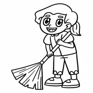 День земли девушка подметает изолированная страница раскраски