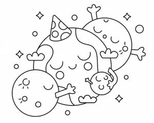 Векторные милые планеты обнимают землю земля день раскраска книга мультфильм, изолированные на белом раскраска страницы