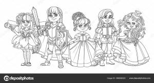Дети Карнавальных Костюмах Феи Принца Принцессы Рыцаря Намеченных Раскраски Страницы Векторное изображение ©yadviga 386556322