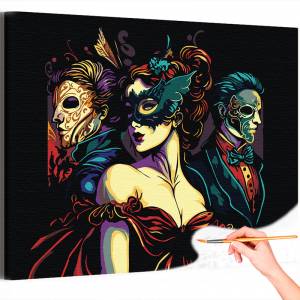 AAAA-Q2199 Девушка в венецианской маске и мужчины Карнавал Италия Люди Яркая Интерьерная Раскраска картина по номерам на холсте недорого