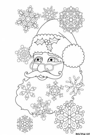 Раскраска Лицо Дед Мороза и снежинки
