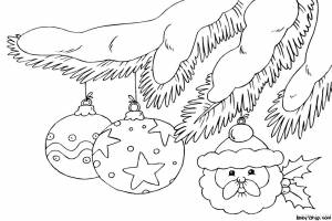 Раскраска Красивые елочные игрушки на ветке