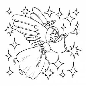 Книжка-раскраска рождественский ангел в звездном небе милый мультяшный персонаж нарисованная вручную линия черно-белая иллюстрация раскраска для детей и взрослых
