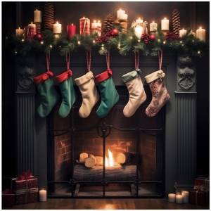 Камин, над которым висят рождественские чулки, и камин с огнем на заднем плане