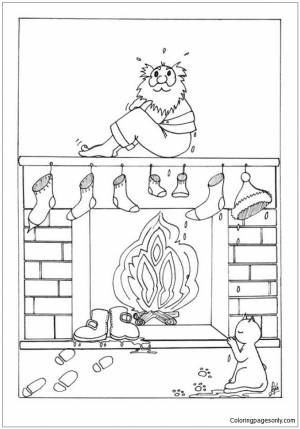Раскраска Деды Морозы в мокрых носках над камином