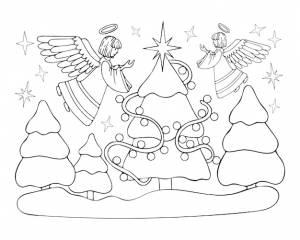 Книжка-раскраска ангел рождественская елка линии искусства вифлеемская звезда на ели ангелы украшают гирлянду ручная рисованная векторная черно-белая иллюстрация