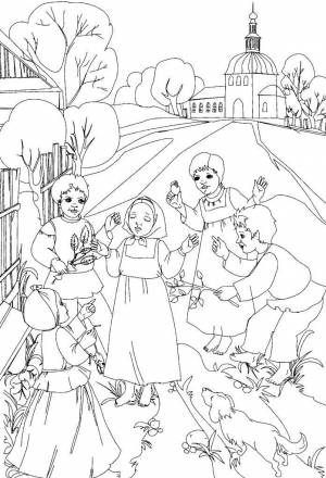 Раскраски Раскраска Люди подбежали к девушке масленица