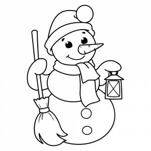 Раскраска Снеговик с метлой и фонариком