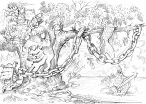 Рисунок кот ученый на дубе раскраска