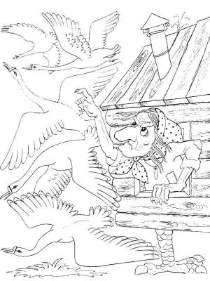 Раскраски Раскраска Баба яга посылает гусей в погоню гуси лебеди