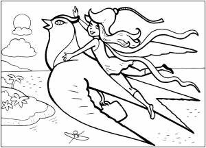 Раскраска Дюймовочка летит на ласточке