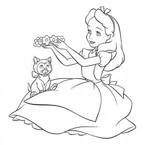 Раскраска Алиса в Стране чудес и котенок