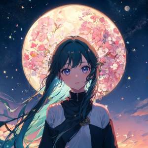 Аниме, арт, девушка, нейросеть, аватарка, ава, длинные черные волосы, луна, луга, поле, цветы, синие волосы