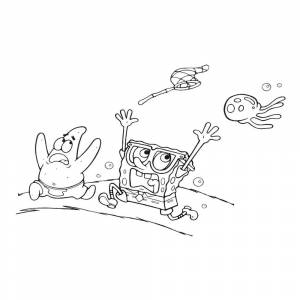 Раскраска Губка Боб и Патрик убегают от медузы