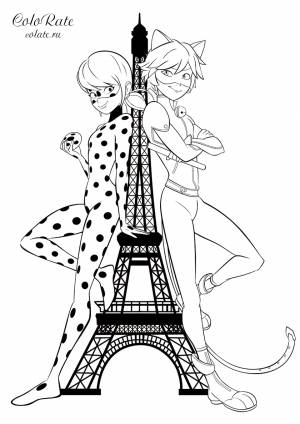 Раскраска Леди Баг и Супер-кот у Эйфелевой башни