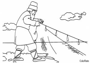 Раскраска Старик закинул невод в воду