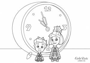 Раскраска Фиксики на фоне будильника