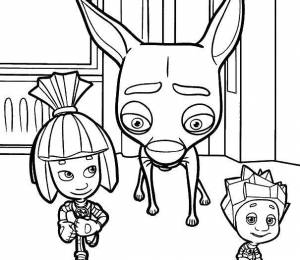 Раскраски Фиксики, Раскраска Фиксики убегают от собаки фиксики