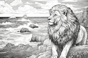 Раскраска для взрослых лев на скале у океана