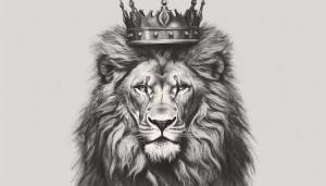 Злой лев с короной в черно-сером стиле рисунок дизайн-проекта татуировки