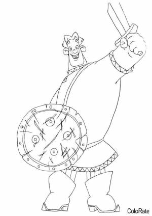 Раскраска Алеша Попович с мечом и щитом